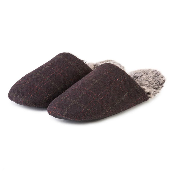 totes Mens Fur Lined Check Mule Slippers  Brown