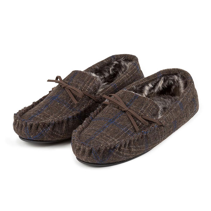 totes Mens Fur Lined Check Moccasin Slippers Brown Check