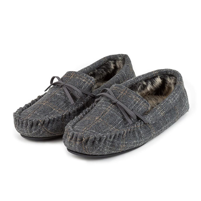 totes Mens Fur Lined Check Moccasin Slippers Grey Check