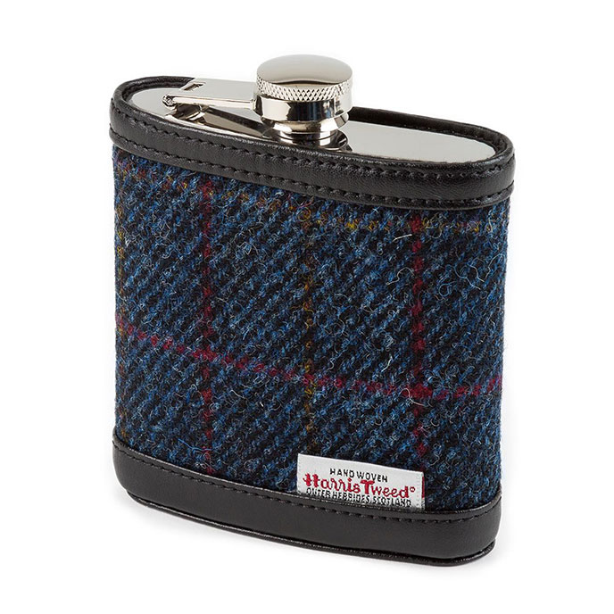 totes Mens Harris Tweed Hip Flask Navy Tweed