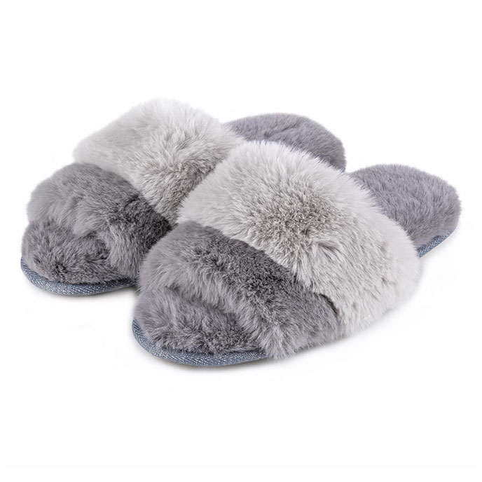 totes Ladies Faux Fur Contrast Stripe Slider Slipper Grey