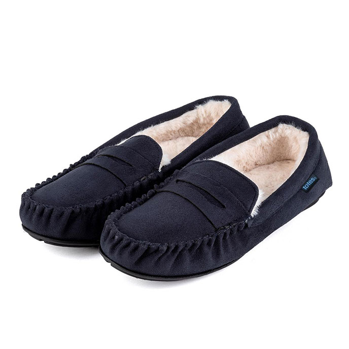 totes Mens Suedette Moccasin Slipper with Faux Fur Lining Navy