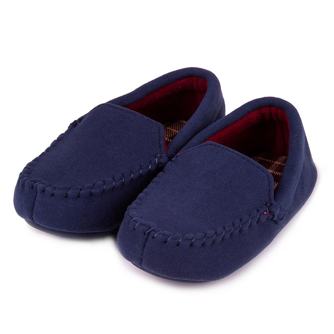 totes Childrens Moleskin Moccasin Slipper with Contrast Check Lining Navy