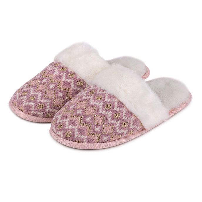 totes Ladies Fair Isle Knitted Mule Slipper Pink Multi