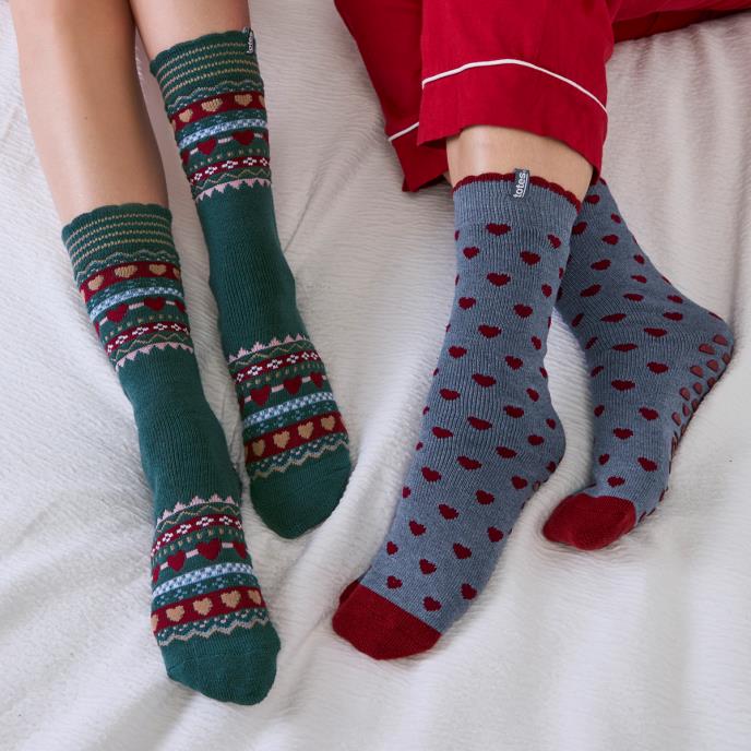 totes toasties® Ladies Original Slipper Socks (Twin Pack) Heart Fairisle