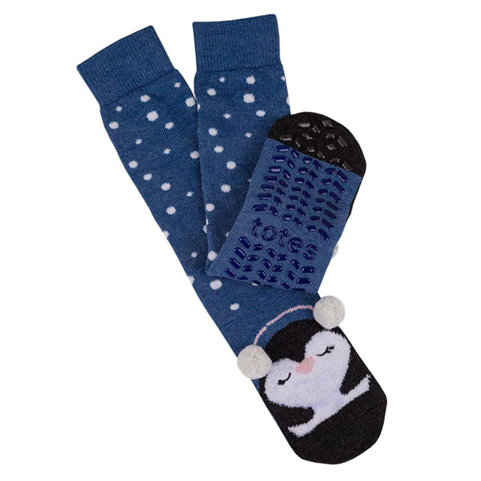 totes toasties Ladies Single Original Slipper Socks Blue Penguin