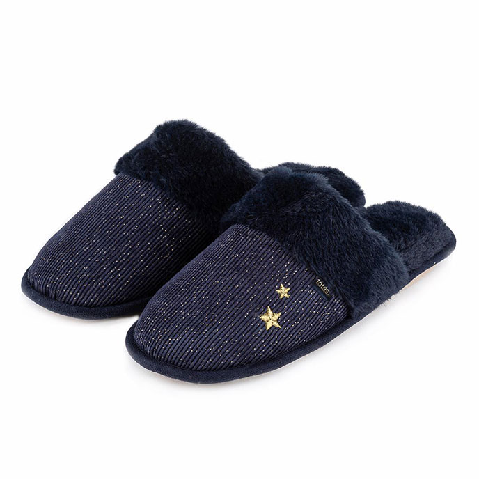 totes Ladies Sparkle Velour Mule Slipper Navy