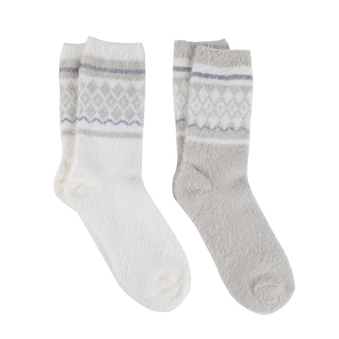 totes Ladies Fluffy Fair Isle Bed Socks (Twin Pack) Grey / Cream
