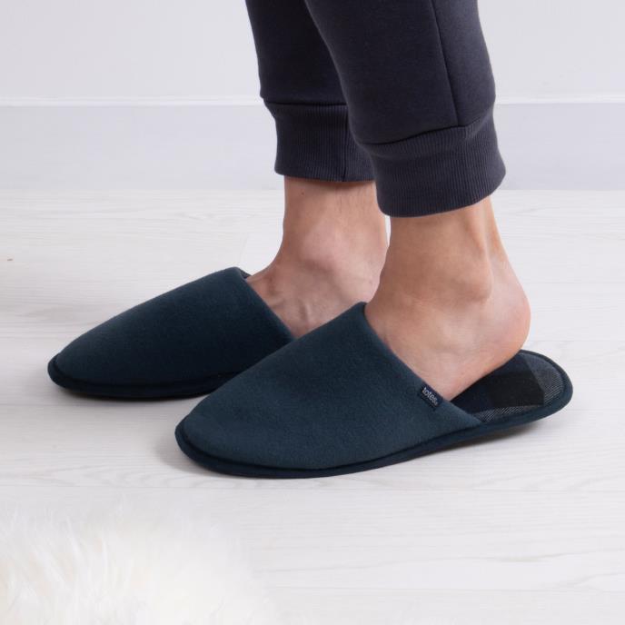 totes Mens Jersey Mule Slippers With Check Lining Navy