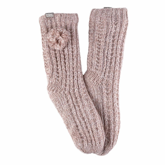 totes Ladies Luxury Sparkle Slipper Sock with Pom Pom Pink