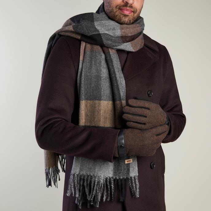 totes toasties® Mens Woven Check Scarf & Herringbone Gloves Set Brown / Grey 