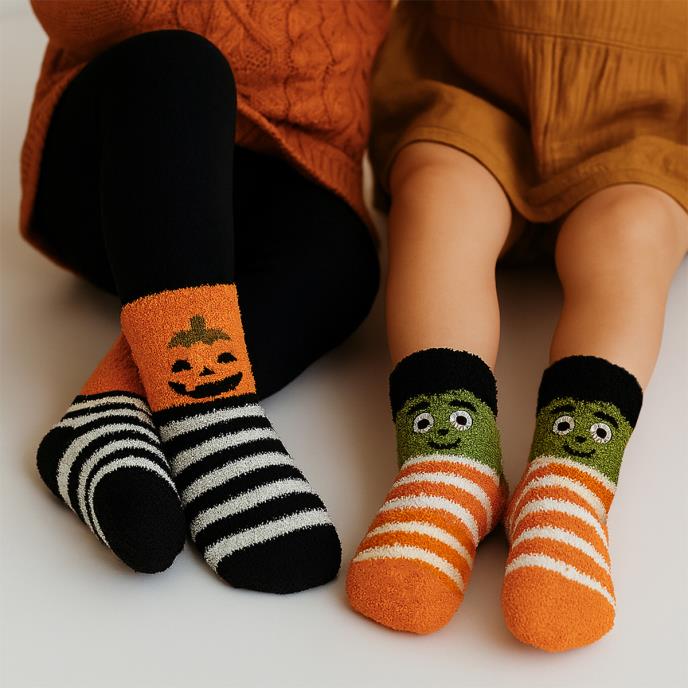 totes toasties® Kids Super Soft Slipper Socks (Twin Pack) Monster / Pumpkin