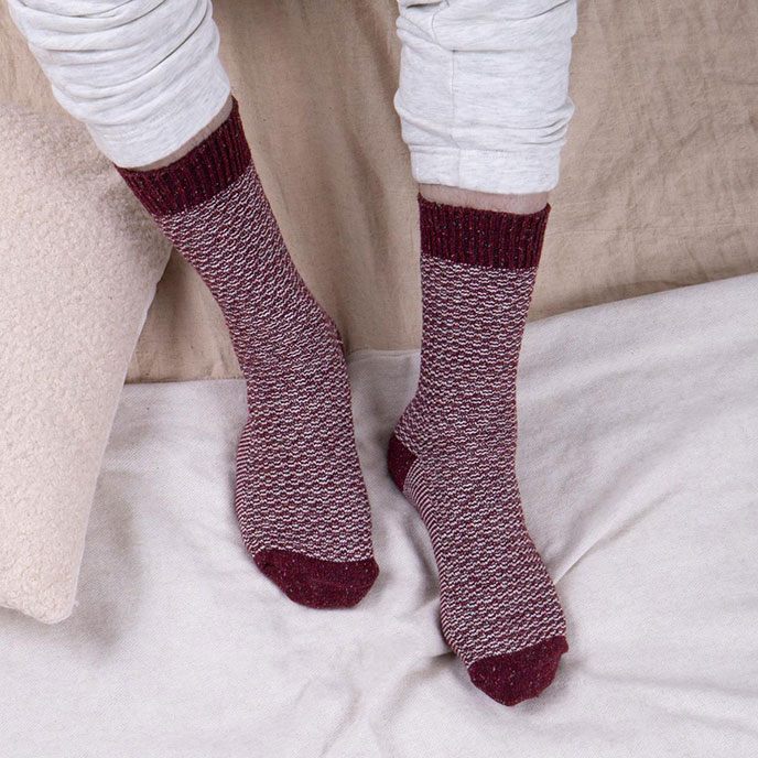 totes Mens Twin Pack Wool Blend Textured Socks Burgundy / Green