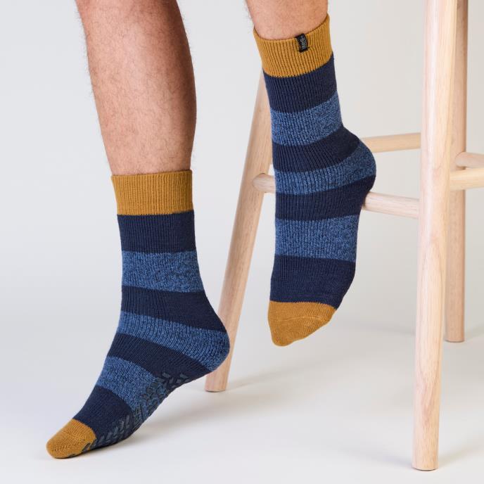 totes toasties® Mens Thermal Brushed Original Slipper Socks Blue / Mustard Stripe
