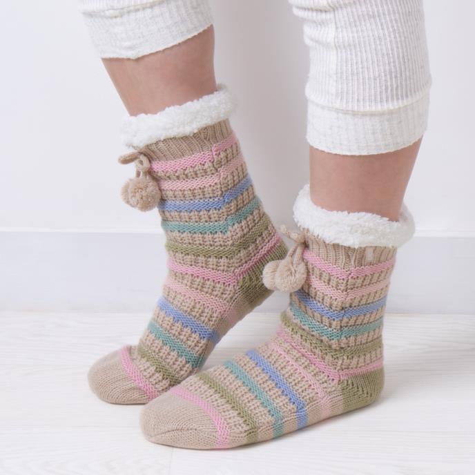 totes Ladies Textured Stripe Slipper Socks Cream