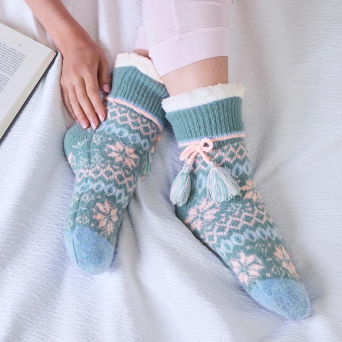 totes toasties® Ladies Chenille Crop Knitted Slipper Socks Teal