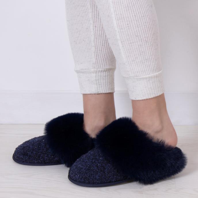 totes toasties® Ladies Textured Sparkle Faux Fur Mule Slippers Navy