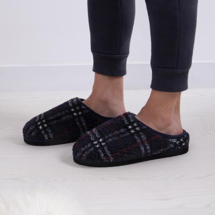 totes Mens Icons Borg Check Mule Slippers With EVA Sole Navy Check