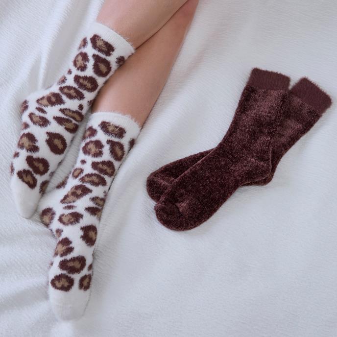 totes toasties® Ladies Super Soft Bed Socks (Twin Pack) Brown / Leopard