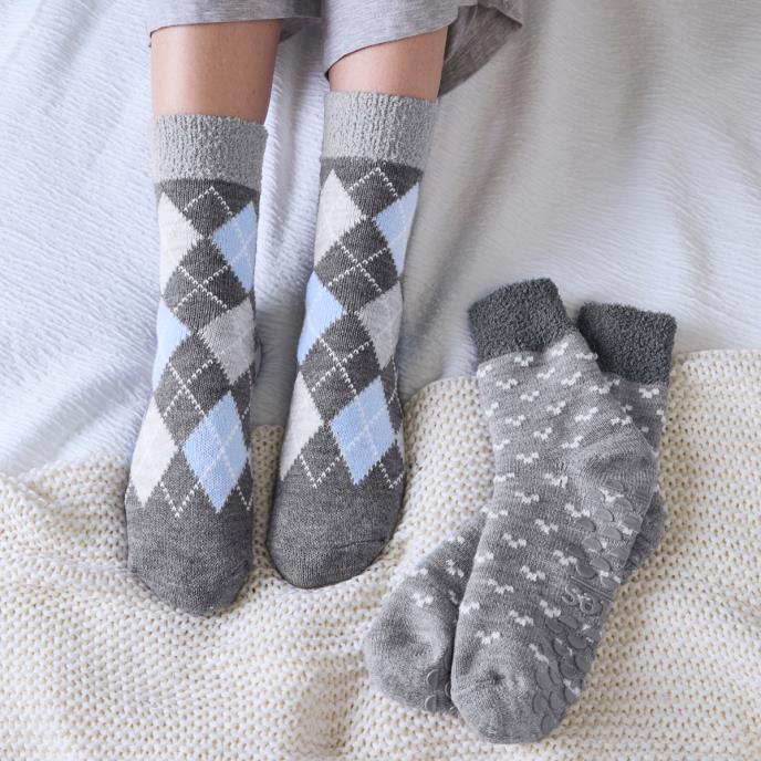 totes toasties® Ladies Cosy Line Low Crop Slipper Socks (Twin Pack) Grey / Blue