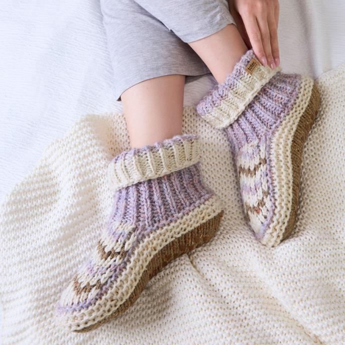 totes toasties® Ladies Sherpa Lined Chunky Knit Bootie Purple / Oat Mix