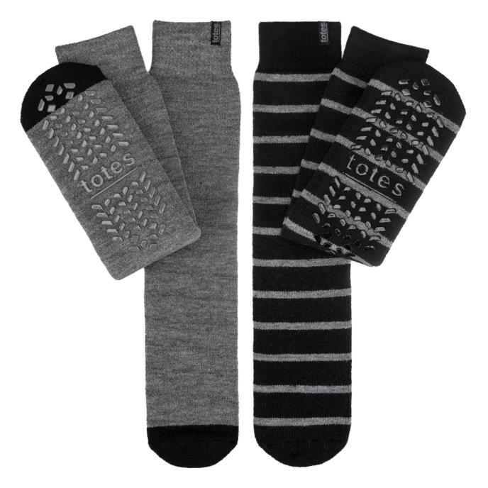 totes toasties® Mens Thermal Brushed Original Slipper Socks (Twin Pack) Grey / Black Stripe
