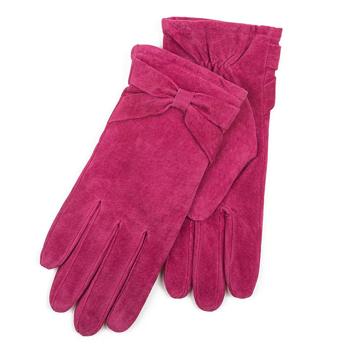 Isotoner Ladies Suede Gloves with Bow Detail Berry