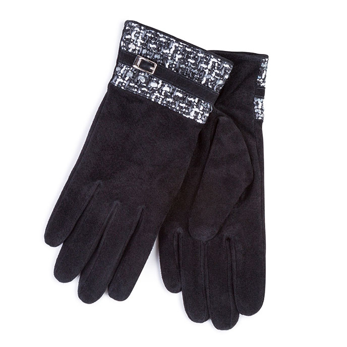Isotoner Ladies Suede Gloves with Buckle Woven Cuff Black