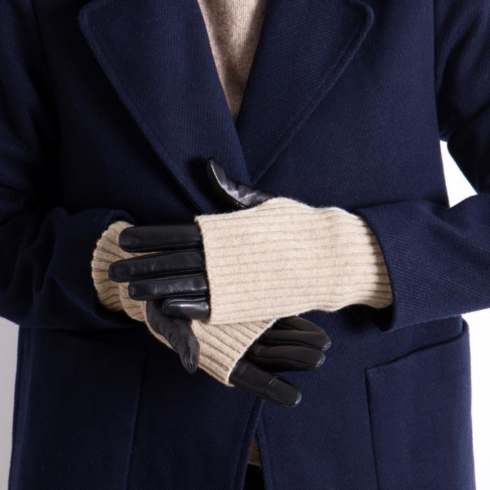 Isotoner® Ladies Smartouch™ Leather Glove With Overlay Knit Trim Black