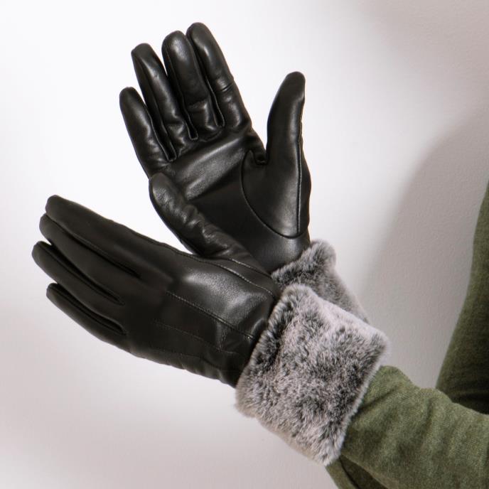 Isotoner® Ladies SmarTouch® Leather Glove With Faux Fur Cuff Black