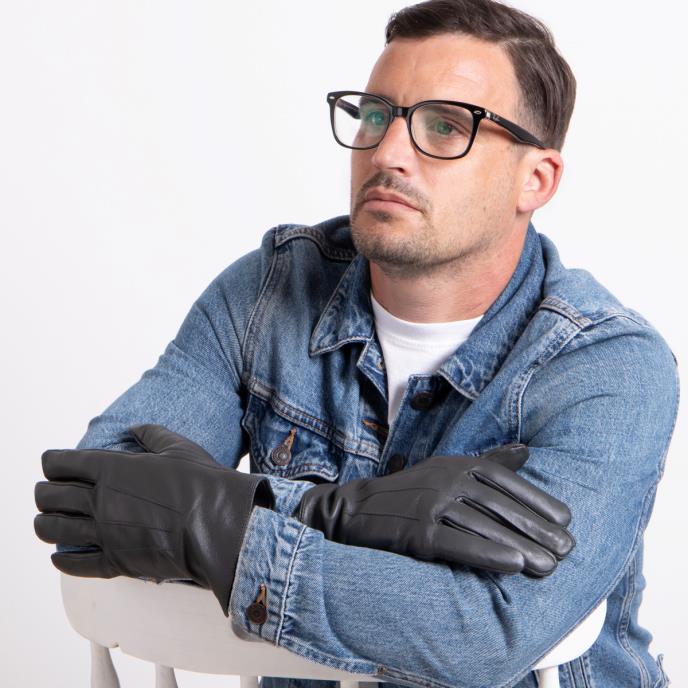 Isotoner® Mens Smartouch™ Water Repellent 3 Point Leather Gloves  Grey