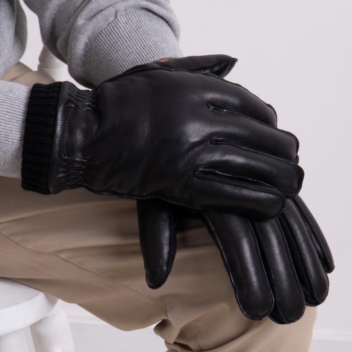 Isotoner Mens Premium Leather Glove With Rib Knit Cuff & Sheepskin Lining Black