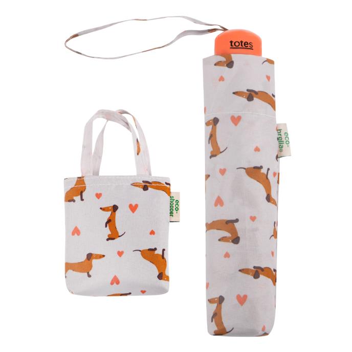 totes ECO-BRELLA® & Matching Bag in Bag Umbrella Shopper Dachshund Hearts (3 Section)