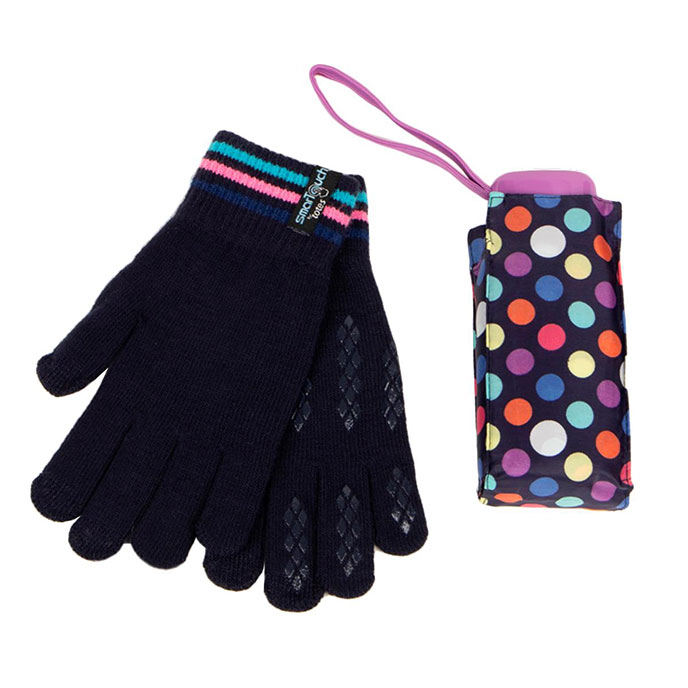 totes Compact Flat Navy Bright Dots & Knit Glove Umbrella Gift Set   (5 Section)