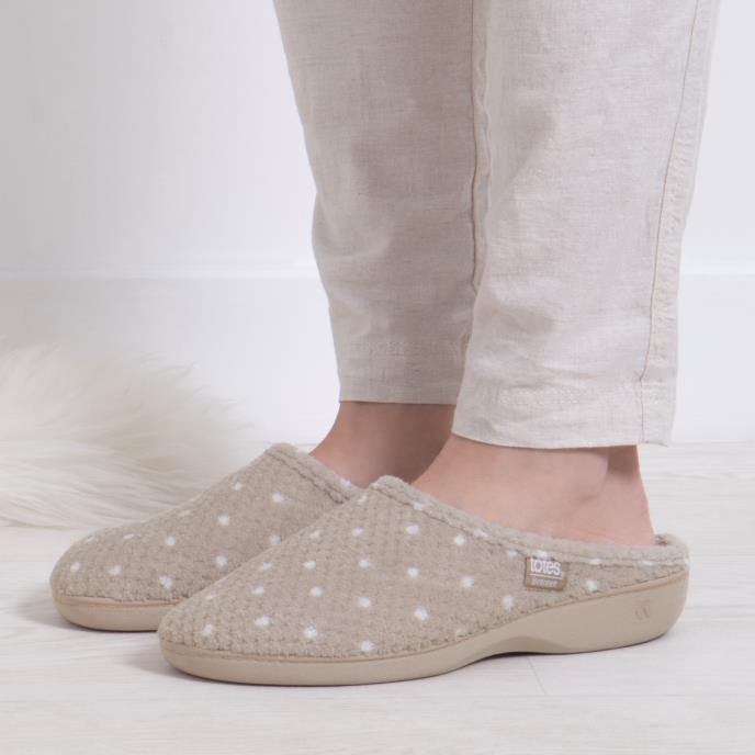 Isotoner® Ladies Popcorn Terry Mule Slippers Natural Spot