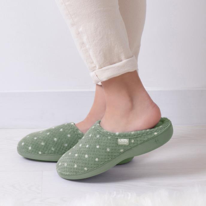 Isotoner® Ladies Popcorn Terry Mule Slippers Sage Green Spot