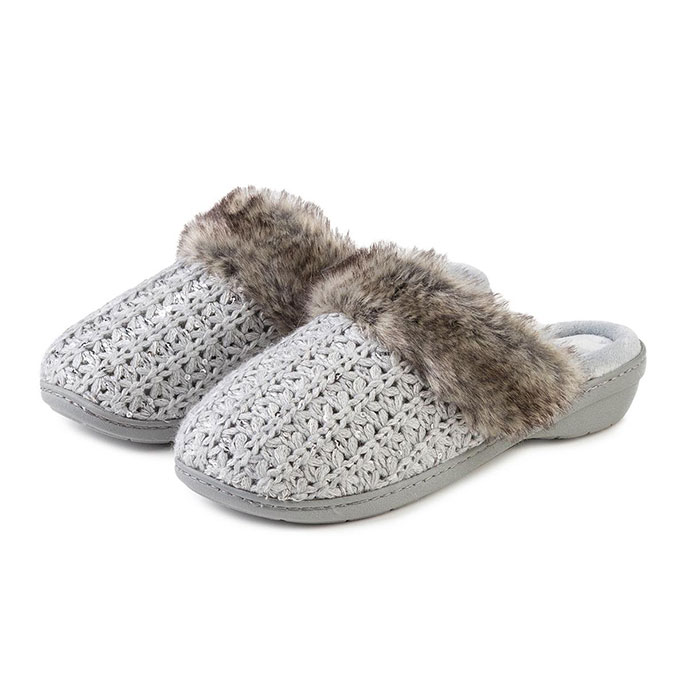 Isotoner Ladies Sparkle Knit Mule Slippers Grey