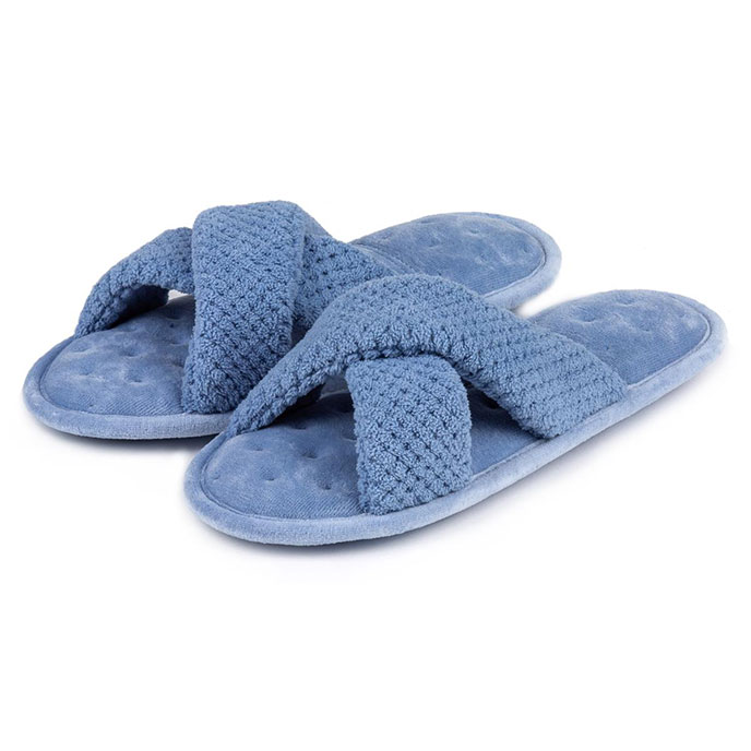 Isotoner Ladies Popcorn Cross Strap Open Toe Slippers Cornflower Blue