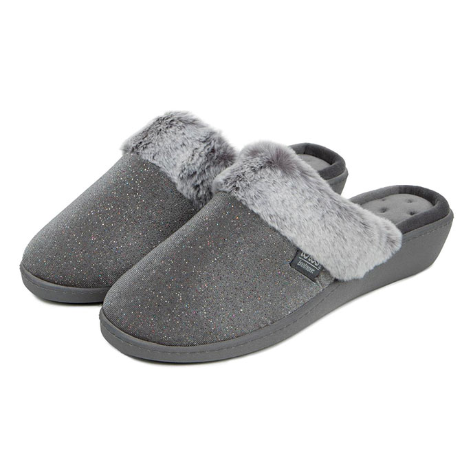 Isotoner Ladies Sparkle Velour Heeled Mule Slipper Grey