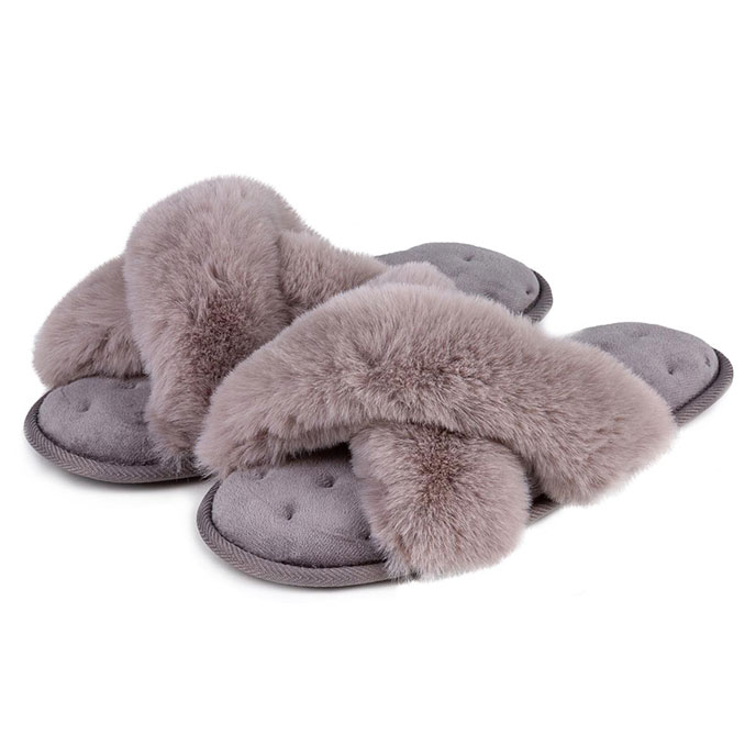 Isotoner Fluffy Cross Front Mule Slippers Grey