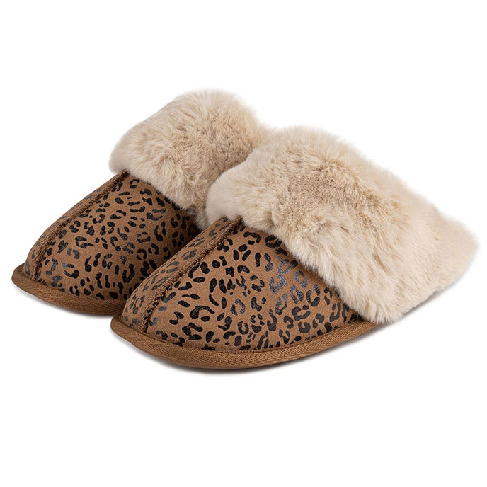 Isotoner Ladies Real Suede Mule with Fur Cuff Animal Print