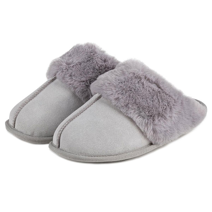 Isotoner Ladies Real Suede Mule with Fur Cuff Grey