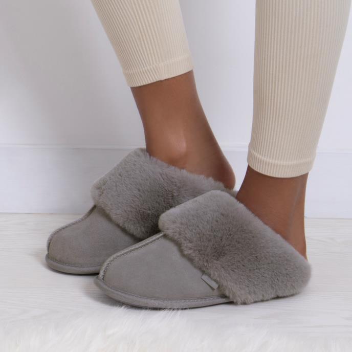 Isotoner Ladies Real Suede Mule with Fur Cuff Grey