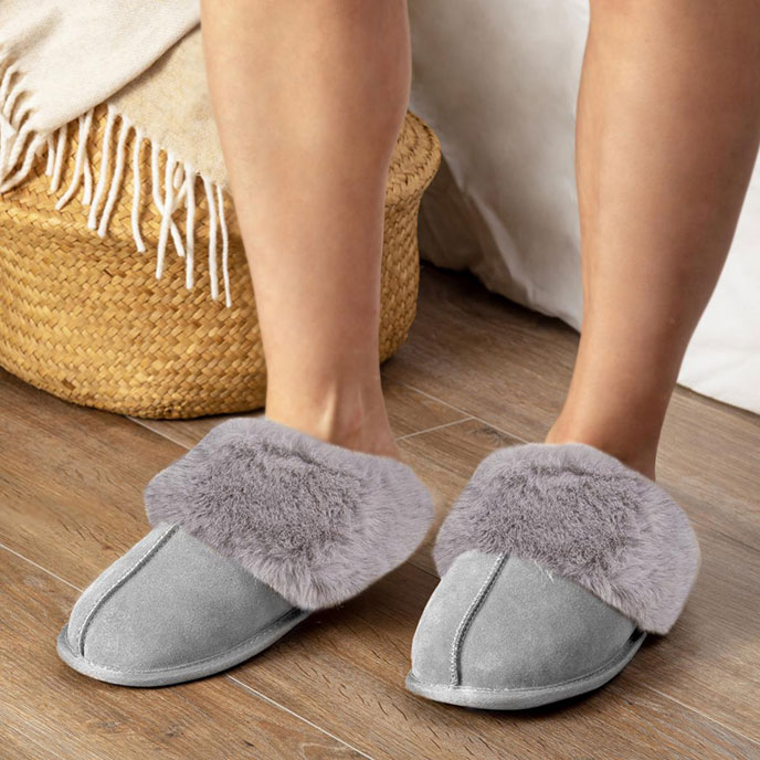 Isotoner Ladies Real Suede Mule with Fur Cuff Grey