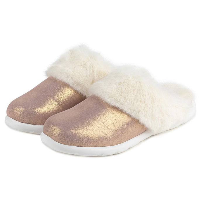 Isotoner Ladies Iso-Flex Real Suede Mule Slipper Pink Sparkle