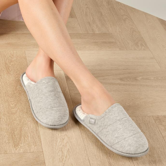 Isotoner® Ladies Marl Quilted Mule Slipper With Striped In Sock Grey