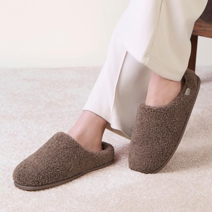 Isotoner® Ladies Borg Swept Back Mule Slipper Brown