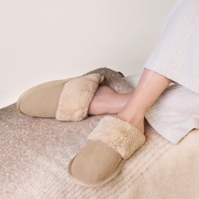 Isotoner® Ladies Suede Mule Slipper With Fur Cuff Sand