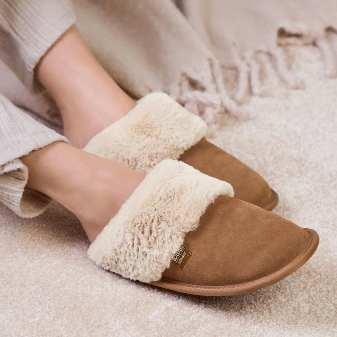 Isotoner® Ladies Suede Mule Slipper With Fur Cuff Tan