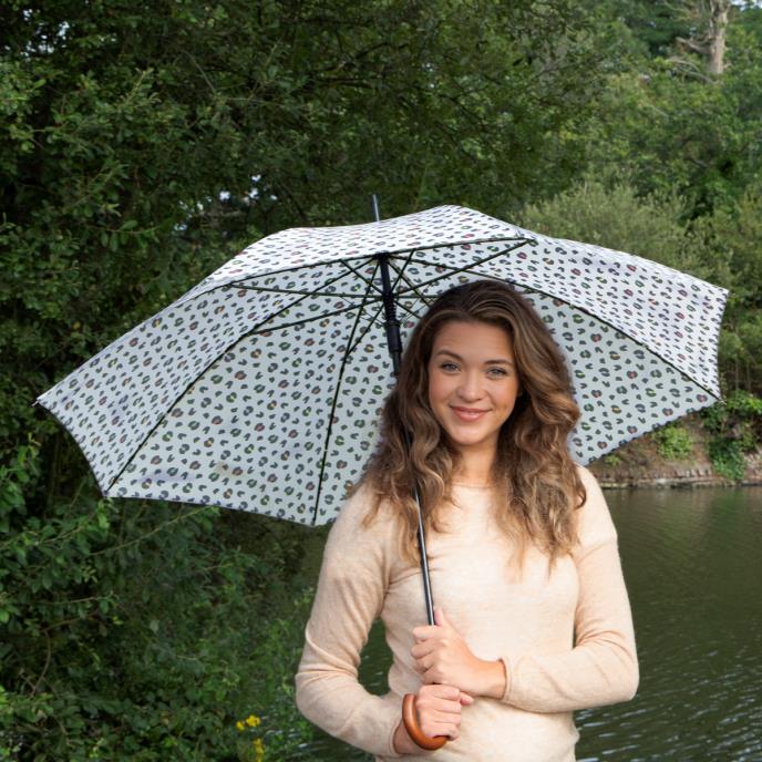 totes® Auto Open Walker Wood Handle Bright Animal Print Umbrella 